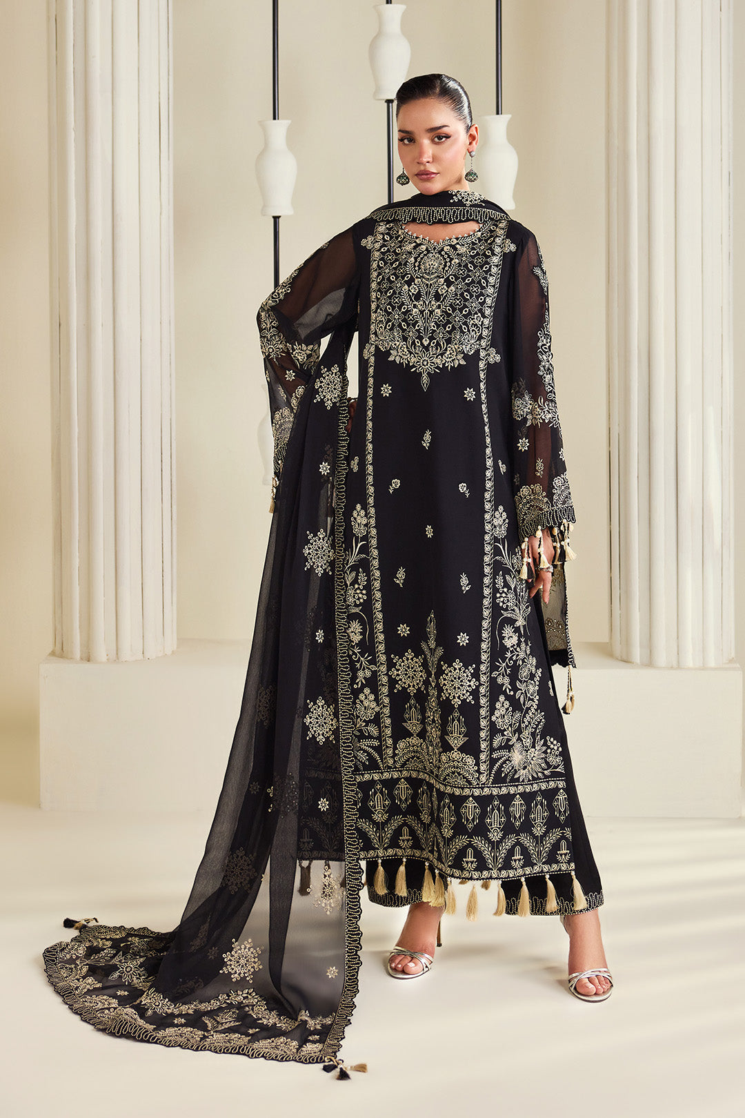 Alizeh AF-DHG-5050-Zarly Zarly embroidered chiffon unstitched 3 piece suit, Black, women's suit