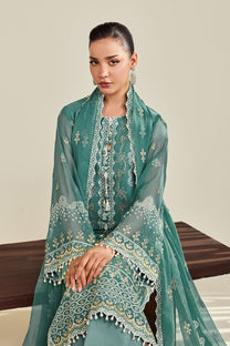 Alizeh AF-DHG-5052-Zarqa Zarqa embroidered chiffon unstitched 3 piece suit, Teal Green, women's suit