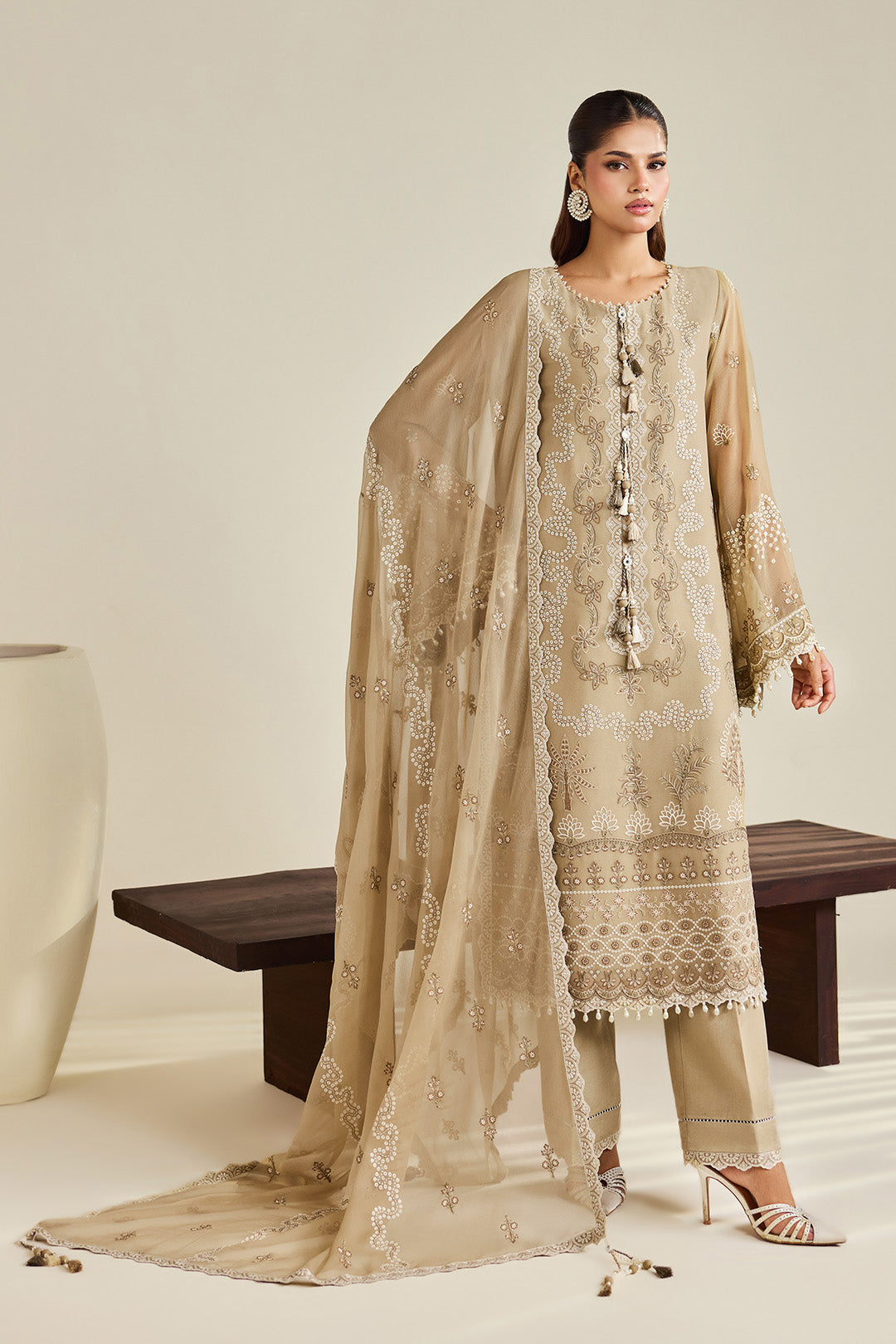 Alizeh AF-DHG-5051-Azeen Azeen embroidered chiffon unstitched 3 piece suit, Beige, women's suit