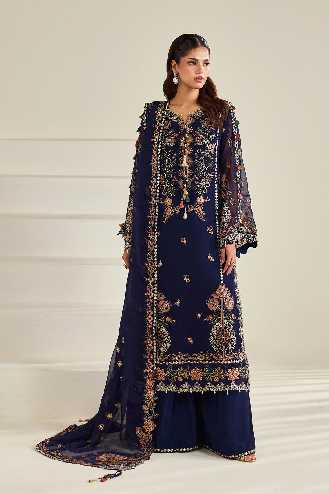 Alizeh AF-DHG-5054-Anvah Anvah embroidered chiffon unstitched 3 piece suit, Navy Blue, women's suit