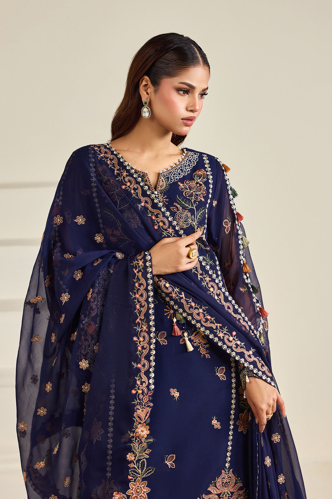 Alizeh AF-DHG-5054-Anvah Anvah embroidered chiffon unstitched 3 piece suit, Navy Blue, women's suit