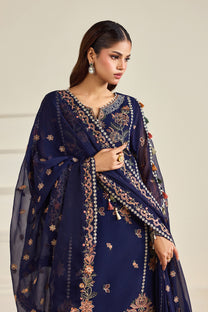 Alizeh AF-DHG-5054-Anvah Anvah embroidered chiffon unstitched 3 piece suit, Navy Blue, women's suit