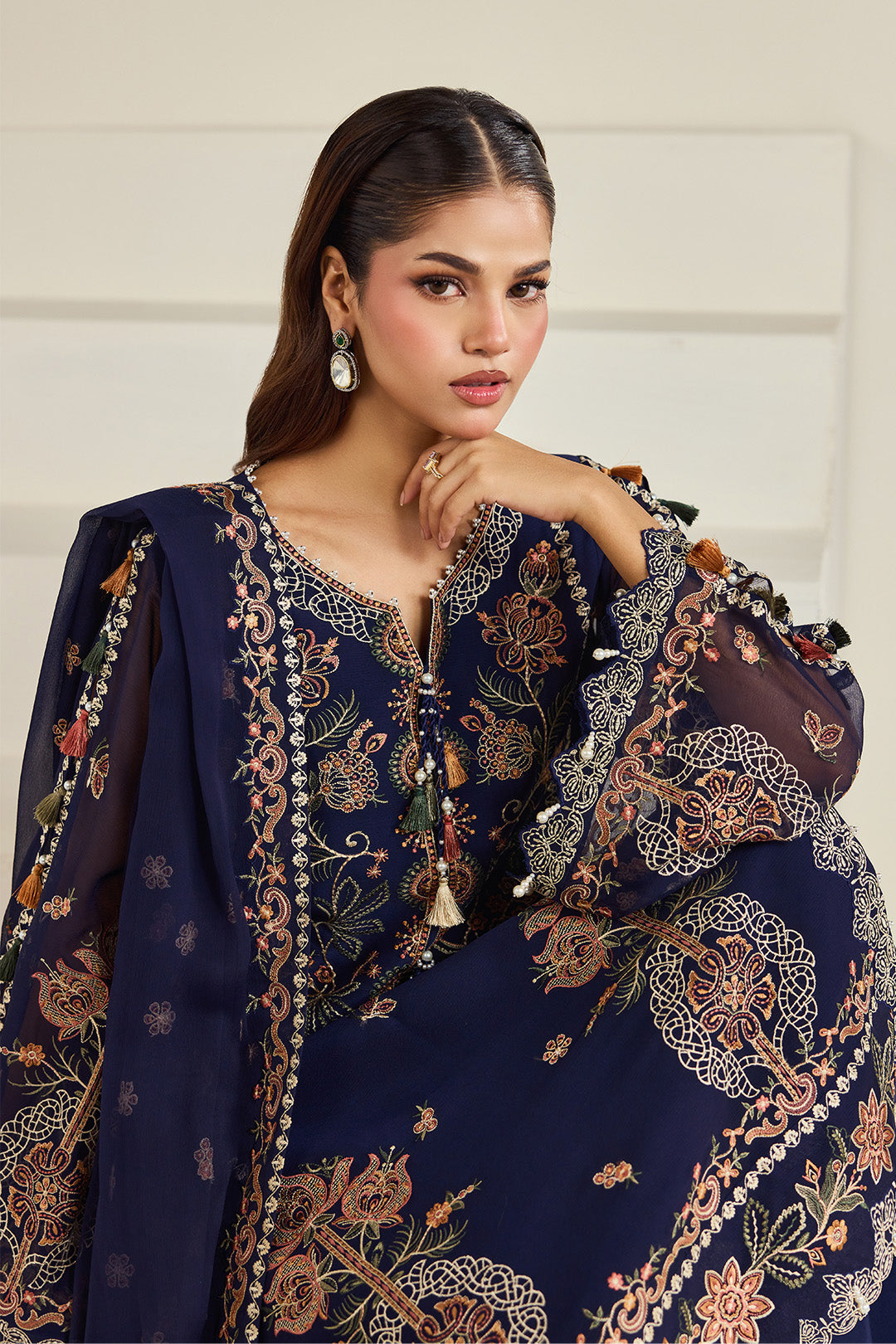 Alizeh AF-DHG-5054-Anvah Anvah embroidered chiffon unstitched 3 piece suit, Navy Blue, women's suit