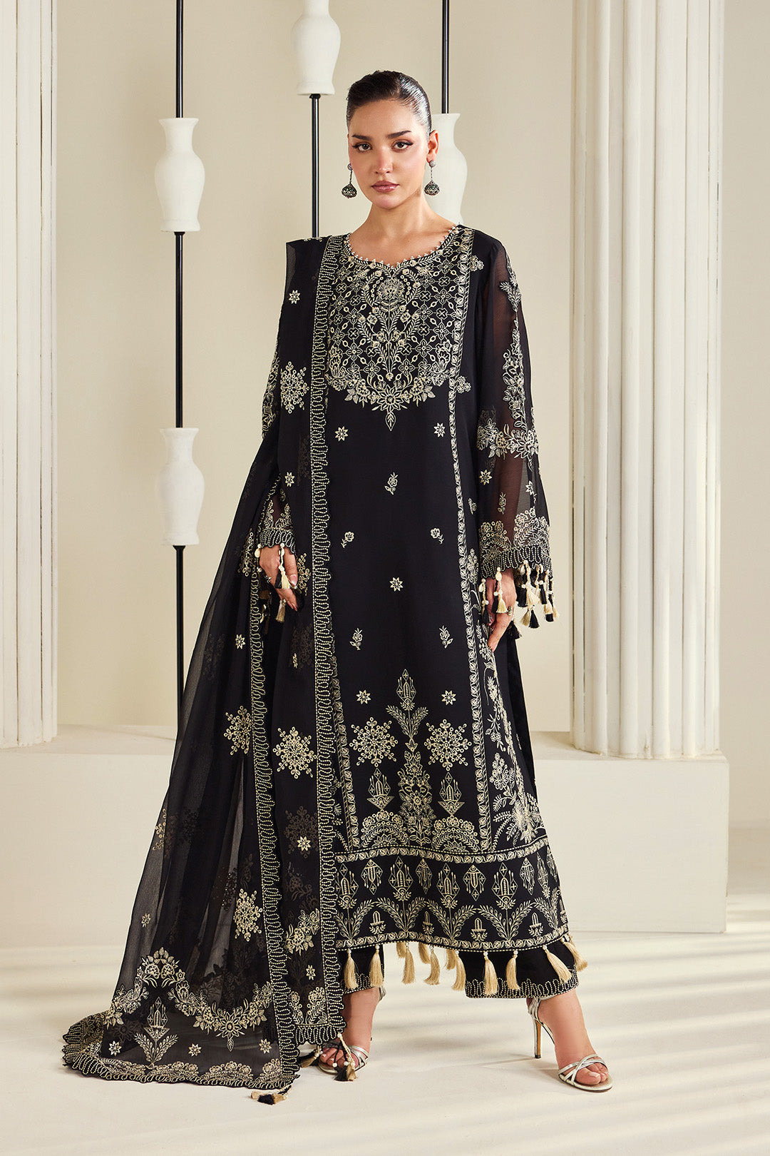 Alizeh AF-DHG-5050-Zarly Zarly embroidered chiffon unstitched 3 piece suit, Black, women's suit