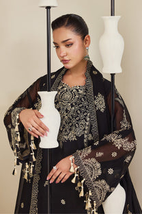 Alizeh AF-DHG-5050-Zarly Zarly embroidered chiffon unstitched 3 piece suit, Black, women's suit