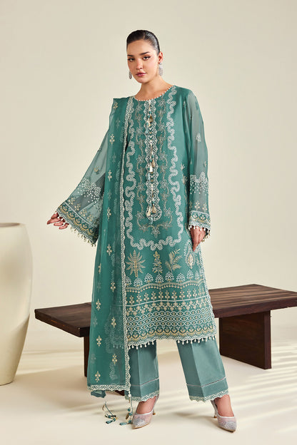 Alizeh AF-DHG-5052-Zarqa Zarqa embroidered chiffon unstitched 3 piece suit, Teal Green, women's suit