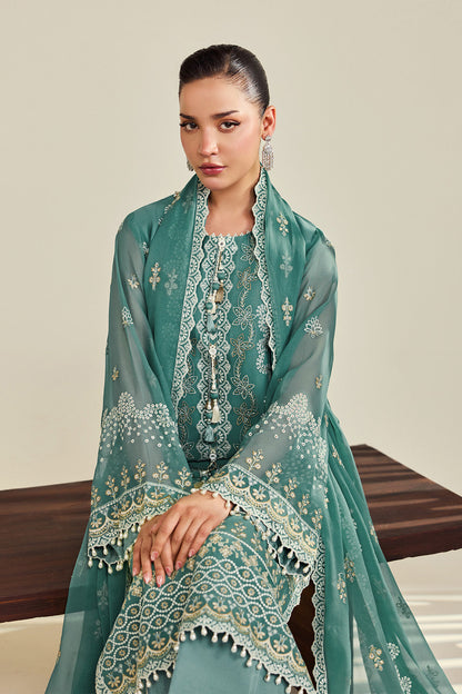 Alizeh AF-DHG-5052-Zarqa Zarqa embroidered chiffon unstitched 3 piece suit, Teal Green, women's suit