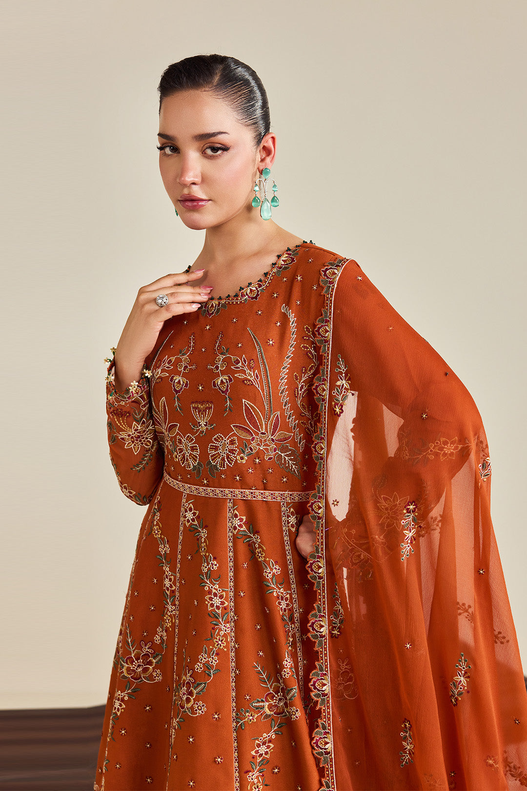 Alizeh AF-DHG-5048-Zumar Zumar embroidered chiffon unstitched 3 piece suit, Rust Orange, women's suit