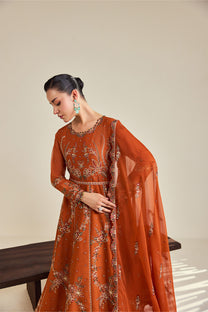 Alizeh AF-DHG-5048-Zumar Zumar embroidered chiffon unstitched 3 piece suit, Rust Orange, women's suit