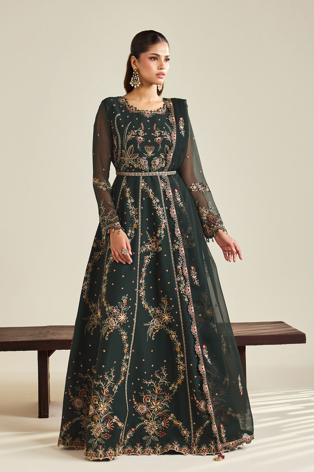 Alizeh AF-DHG-5047-Sohana Sohana embroidered chiffon unstitched 3 piece suit, Bottle Green, women's suit