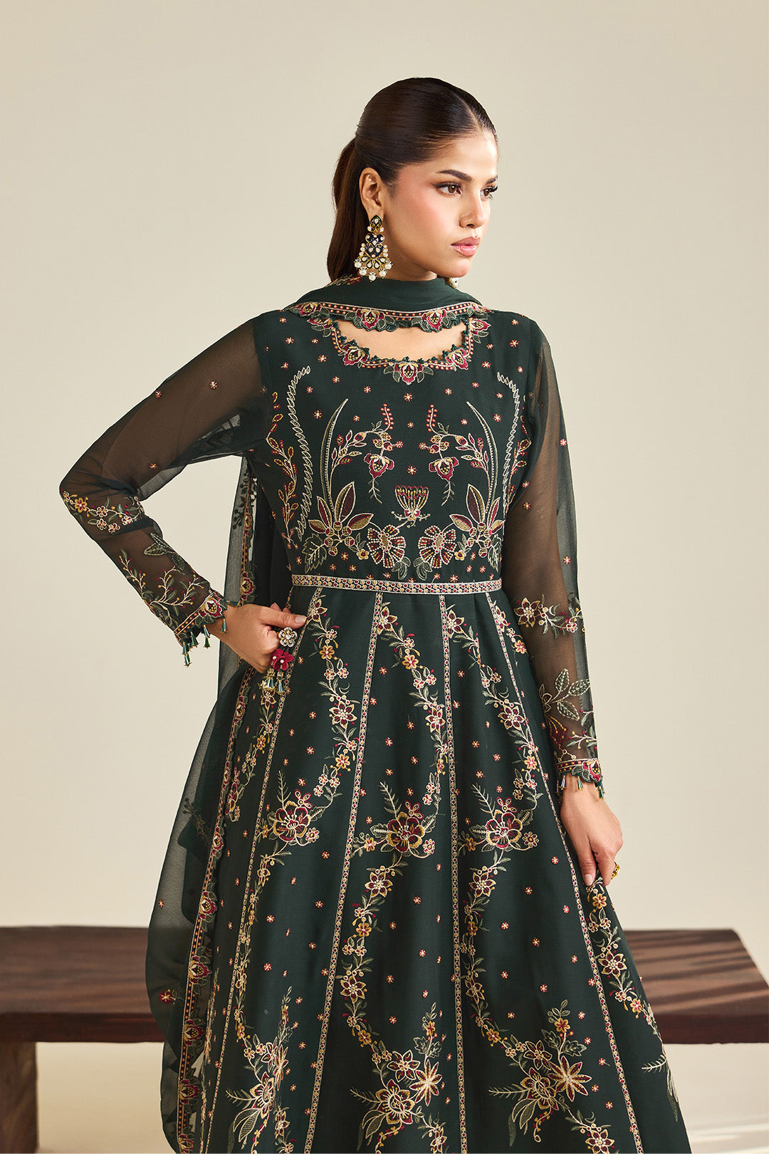 Alizeh AF-DHG-5047-Sohana Sohana embroidered chiffon unstitched 3 piece suit, Bottle Green, women's suit