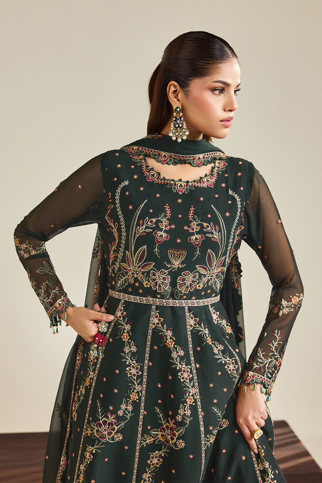 Alizeh AF-DHG-5047-Sohana Sohana embroidered chiffon unstitched 3 piece suit, Bottle Green, women's suit